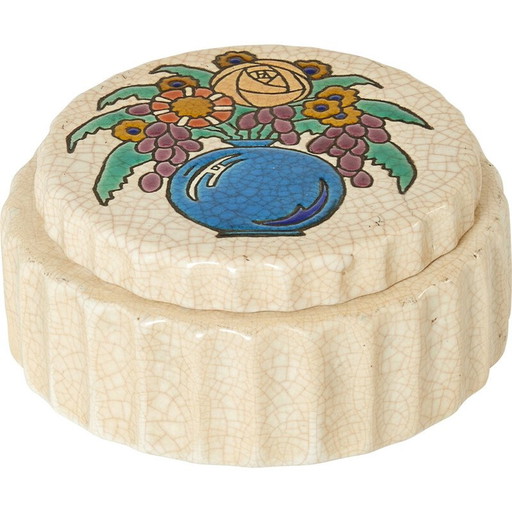 Vintage Art Deco runde Dose aus glasierter Keramik, 1930