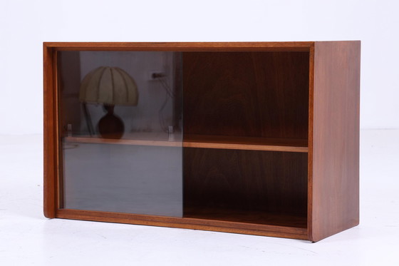 Image 1 of Dunkle Vintage Glas Kommode 60er Jahre | Mid Century Vitrine Flur Retro 70er Holz Braun Aufbewahrung