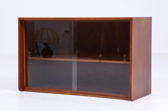 Image 1 of Dunkle Vintage Glas Kommode 60er Jahre | Mid Century Vitrine Flur Retro 70er Holz Braun Aufbewahrung