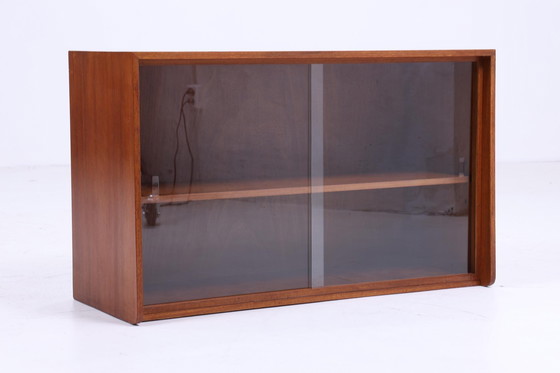 Image 1 of Dunkle Vintage Glas Kommode 60er Jahre | Mid Century Vitrine Flur Retro 70er Holz Braun Aufbewahrung