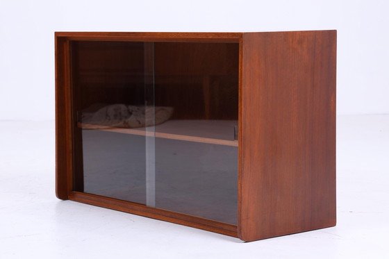 Image 1 of Dunkle Vintage Glas Kommode 60er Jahre | Mid Century Vitrine Flur Retro 70er Holz Braun Aufbewahrung