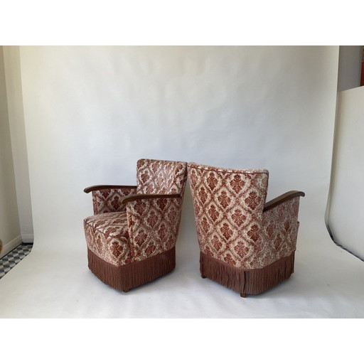 Paar rosa beflockte Vintage-Sessel aus Teakholz, Dänemark 1960