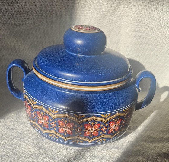 Image 1 of Schöne keramische Retro-Pfanne Blau mit Blumenmuster Orange