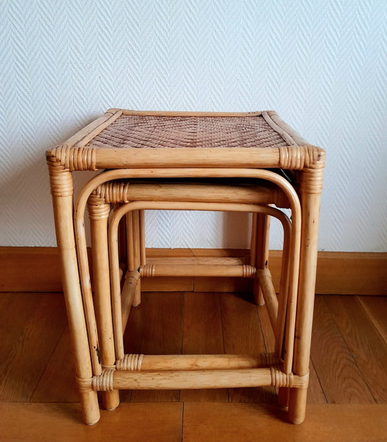 Image 1 of 2X Gigogne Tisch Aus Rattan Vintage Um 1970