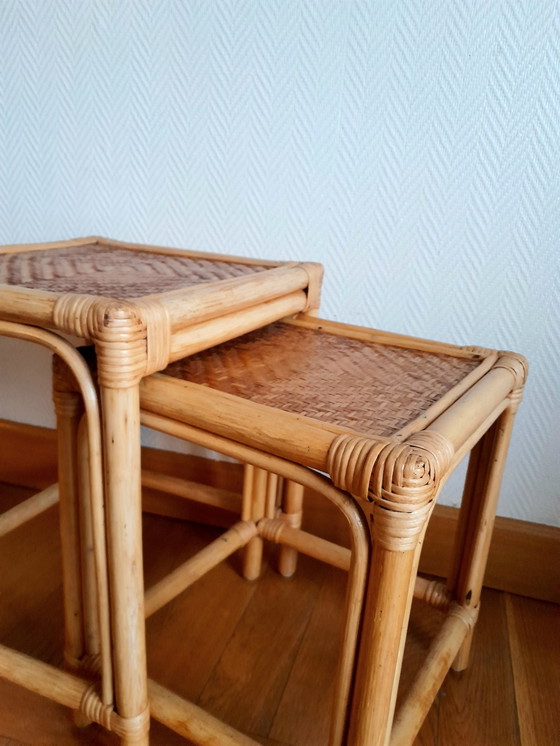 Image 1 of 2X Gigogne Tisch Aus Rattan Vintage Um 1970