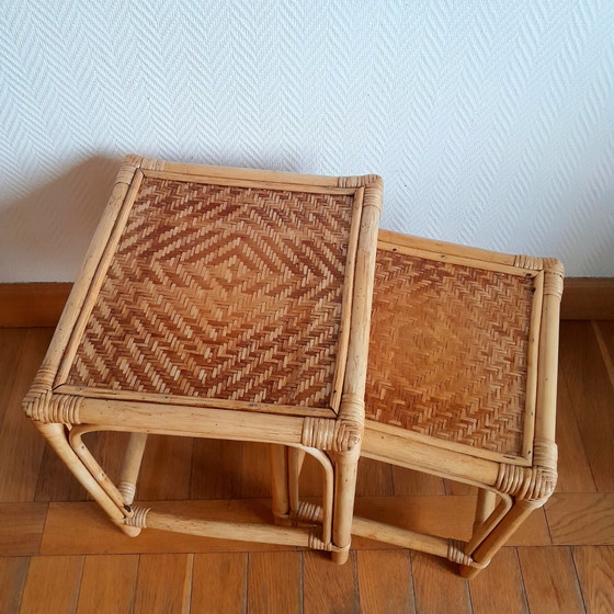 Image 1 of 2X Gigogne Tisch Aus Rattan Vintage Um 1970