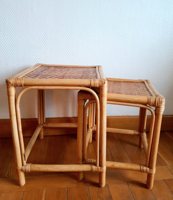 Image 1 of 2X Gigogne Tisch Aus Rattan Vintage Um 1970