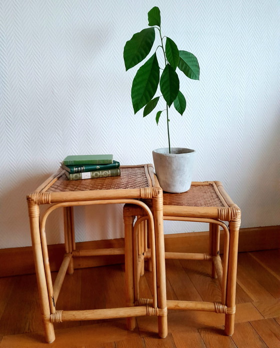 Image 1 of 2X Gigogne Tisch Aus Rattan Vintage Um 1970