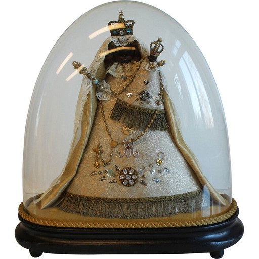 Vintage schwarze Jungfrau in Wachs hält Baby Jesus