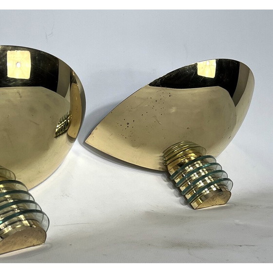 Image 1 of Paar vergoldete Metall- und Glas-Wandlampen Art deco für Sce, Frankreich 1970er Jahre