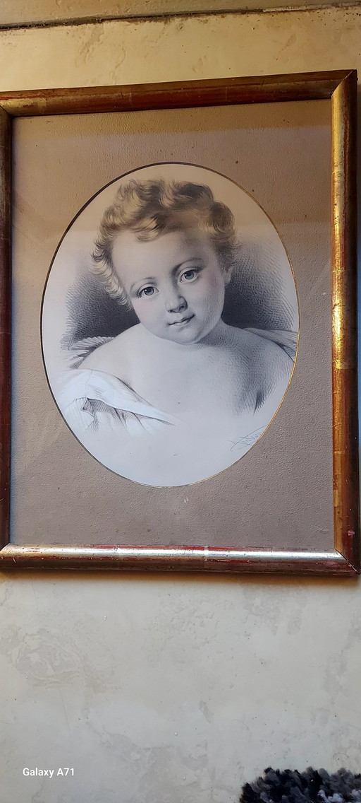 Lithografie Kinderporträt Von Bernard R. Julien