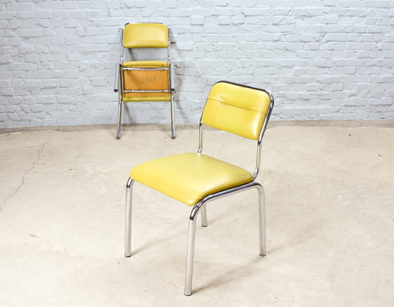 Image 1 of 4x Olivgrüne Kunstleder-Küchenstühle auf Chromgestell, Belgien, 1960er Jahre