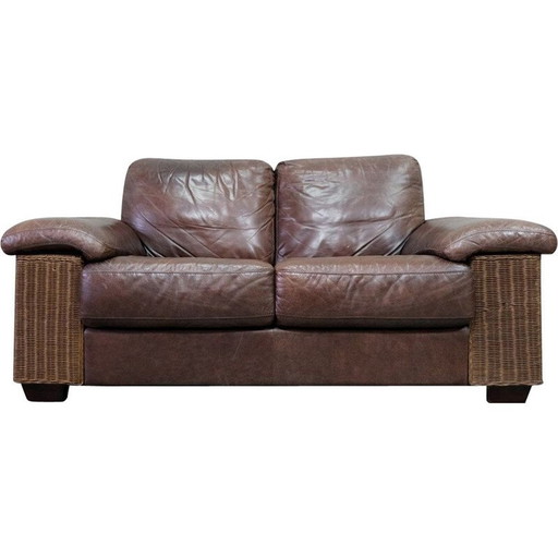 Italienisches Vintage-Sofa aus Rattan und Leder, 1970er Jahre