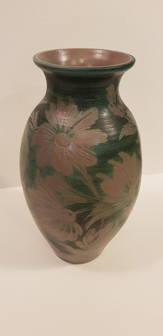 Image 1 of Blumige Vase aus Steingut im Jugendstil
