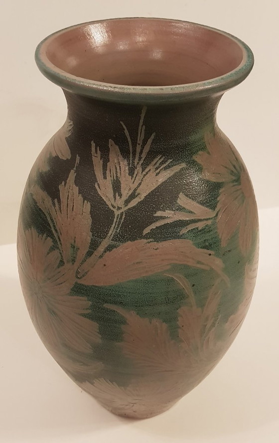 Image 1 of Blumige Vase aus Steingut im Jugendstil