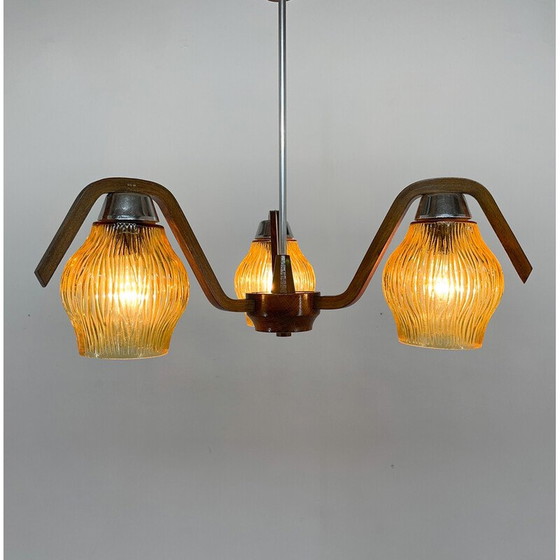 Image 1 of Mid-Century-Kronleuchter aus Holz und Glas von Dřevo Humpolec, Tschechoslowakei 1960er Jahre