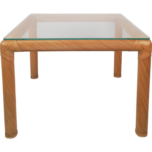 Mid Century Couchtisch aus Rattan, Schilfrohr und Glas, 1970er Jahre
