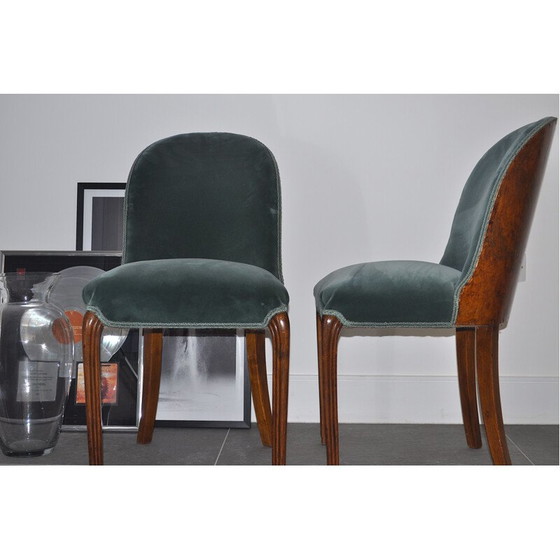 Image 1 of Paar Vintage Nussbaum Samt Schlafzimmer Stühle Aqua von Holland und amp