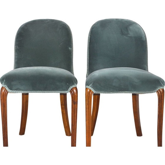 Image 1 of Paar Vintage Nussbaum Samt Schlafzimmer Stühle Aqua von Holland und amp