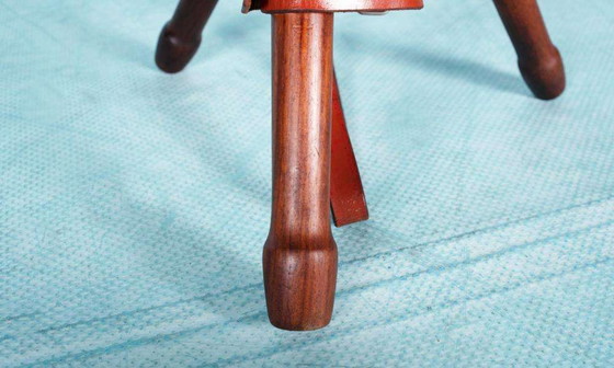 Image 1 of Bohemian Scandinavian Reisehocker Leder, Teakholz Dänischer Hocker