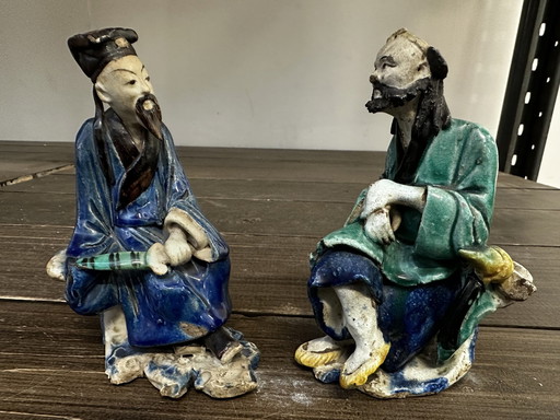 Figurine Chinesische Weisen Aus Emailliertem Kammgarn - Zeitraum Ende 18 E , Anfang 19 E