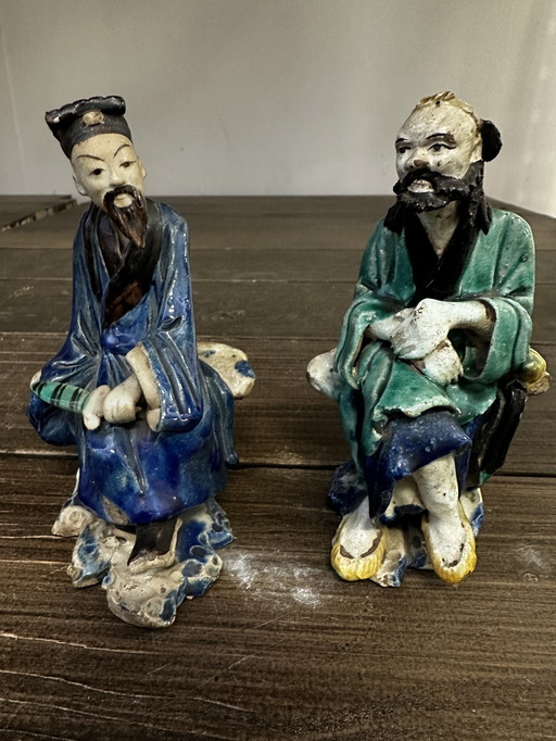 Figurine Chinesische Weisen Aus Emailliertem Kammgarn - Zeitraum Ende 18 E , Anfang 19 E