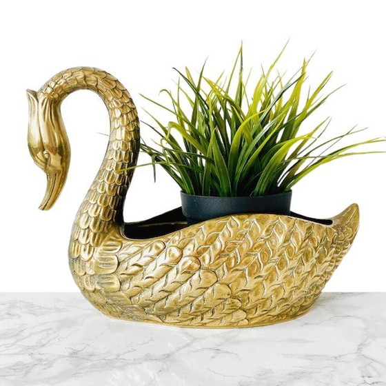 Image 1 of Vintage Messing Schwan Blumentopf 1950er Jahre Hollywood Regency