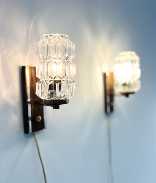 2x Vintage Kristall & Teak Wandlampe