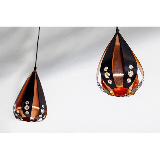 Image 1 of Paar Pendelleuchten aus Kupfer und schwarzem Metall von Werner Schou für Coronell Elektro, 1960