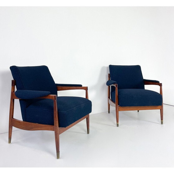 Image 1 of Paar Vintage-Sessel aus Holz und blauem Bouclé-Stoff, Italien 1960
