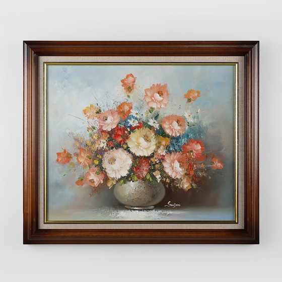 Image 1 of  Edmond Sanders, Vase mit Blumen, 1950er Jahre, Öl auf Leinwand, gerahmt