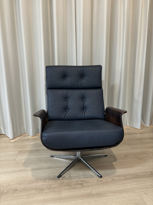 Vintage Lounge Chair mit Holzwanne | Neue Kissen Blaues Leder