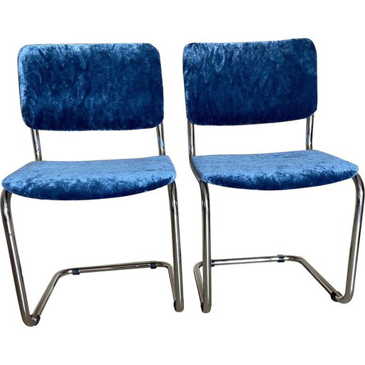 Paar Vintage-Stühle "Cesca" aus blauem Samt, Italien 1970