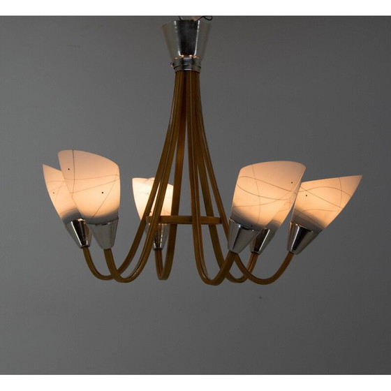 Image 1 of Mid-Century-Kronleuchter aus Holz und Glas von Dřevo Humpolec, Tschechoslowakei 1960er Jahre