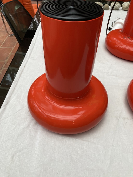 4 Hängeleuchten Aus Metall, Orange 70er Jahre.