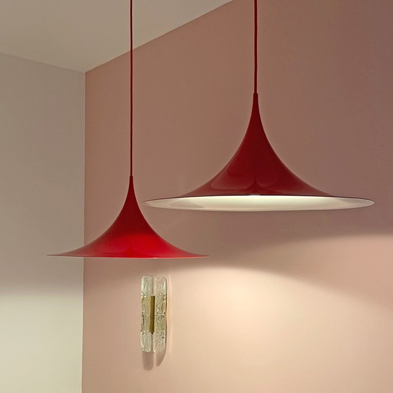 Image 1 of 2X Fog & Mørup Red Semi Pendelleuchten von Bonderup & Thorup, 1960S