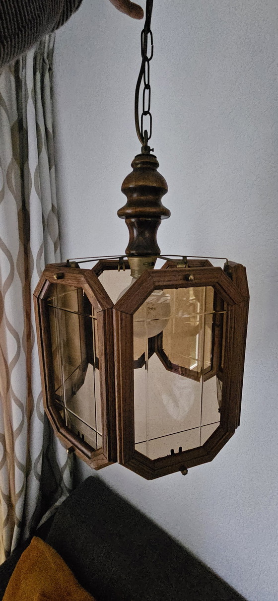 Image 1 of Eiche Pendelleuchte mit Rauchglas Diamanten 1960