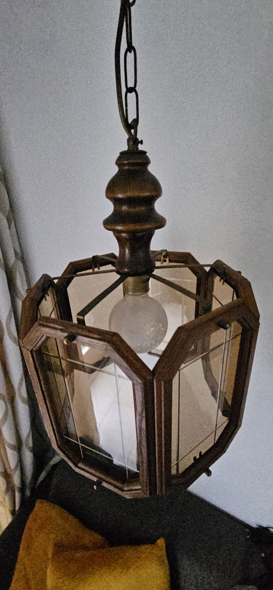 Image 1 of Eiche Pendelleuchte mit Rauchglas Diamanten 1960