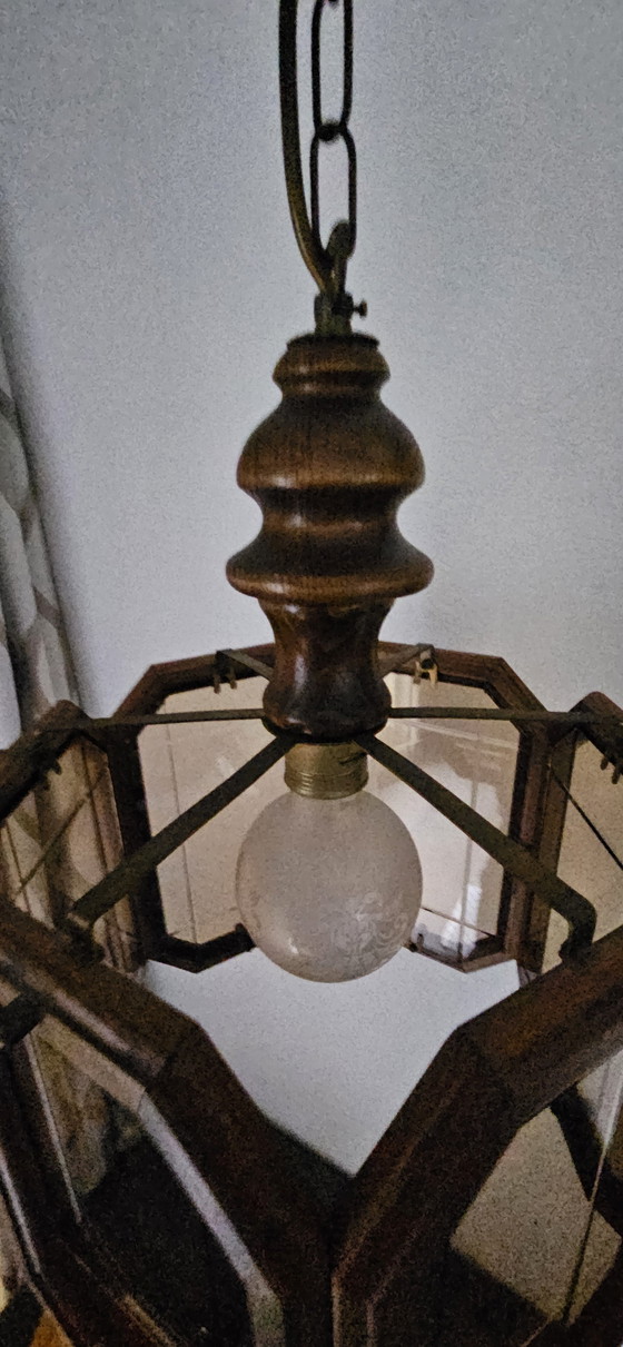 Image 1 of Eiche Pendelleuchte mit Rauchglas Diamanten 1960