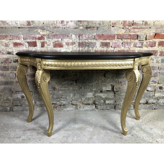 Image 1 of Vintage-Konsole aus geschnitztem Holz mit schwarz gewachster Holzplatte, 1980