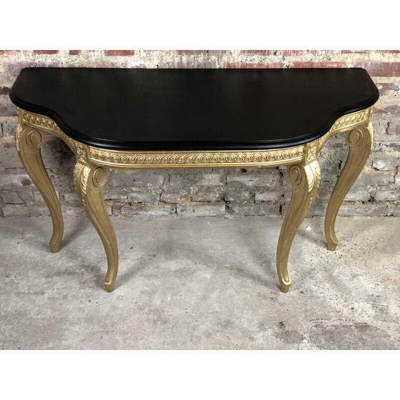 Image 1 of Vintage-Konsole aus geschnitztem Holz mit schwarz gewachster Holzplatte, 1980