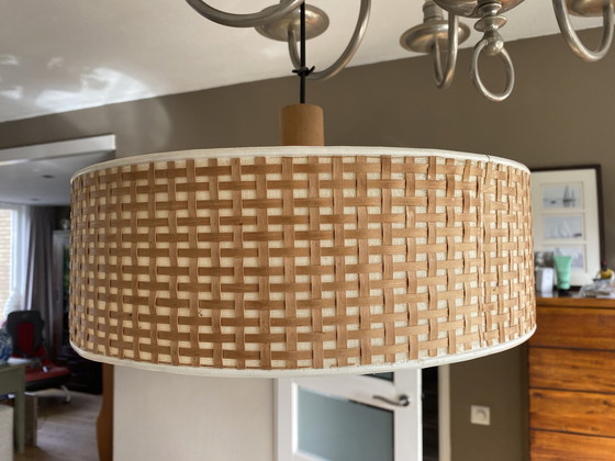 Image 1 of Vintage Dänische Hängeleuchte Rattan Stoff