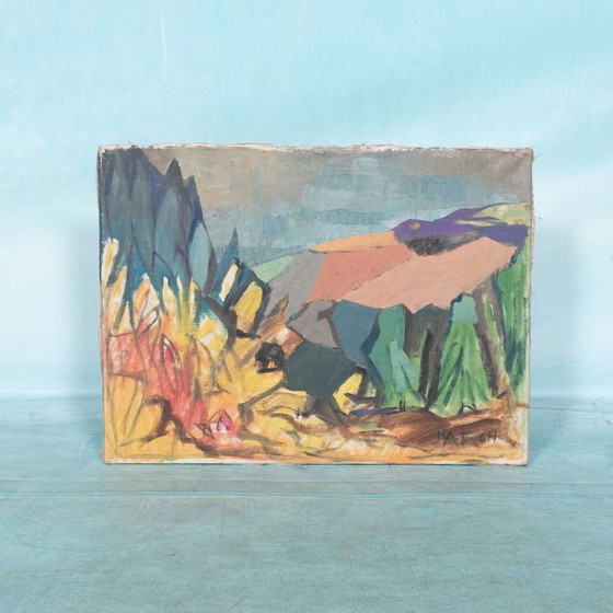 Image 1 of Dänisches Gemälde aus den 1960er Jahren, bunte Kunst aus den Bergen&das