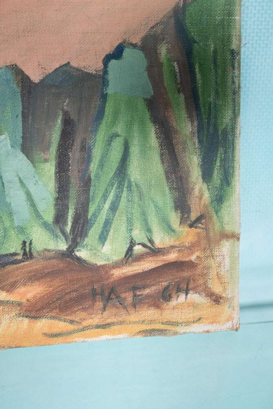 Image 1 of Dänisches Gemälde aus den 1960er Jahren, bunte Kunst aus den Bergen&das