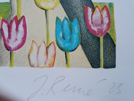 Jörg Reme Farboffsetlithografie Tulpen Handsigniert.