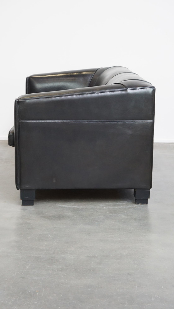 Image 1 of Schwarzes Schafsleder Art Deco 2.5-Sitzer Design Sofa