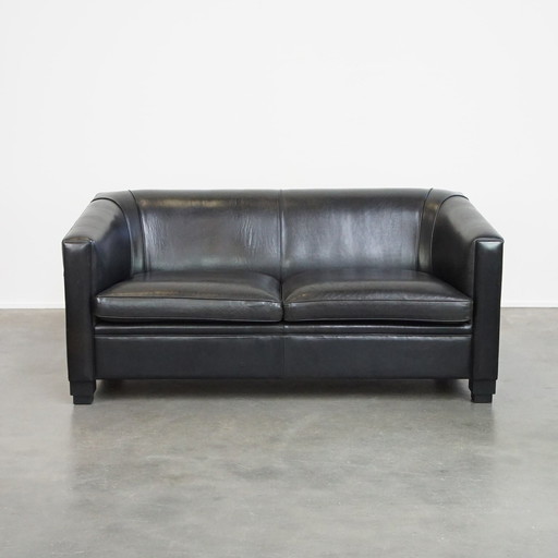 Schwarzes Schafsleder Art Deco 2.5-Sitzer Design Sofa