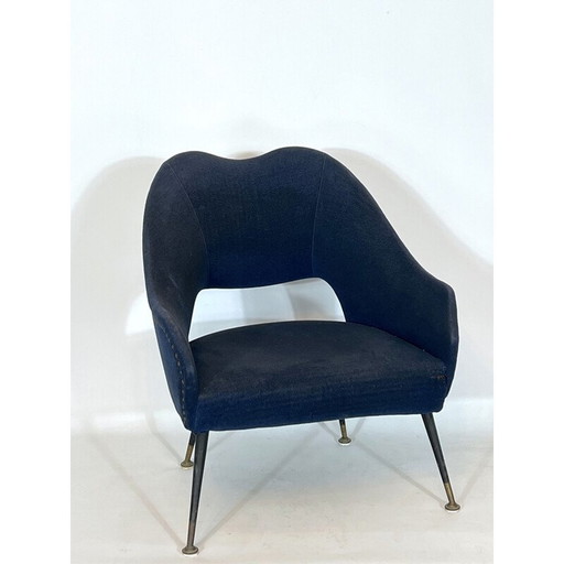 Italienischer Sessel aus blauem Stoff und Messing, 1950er Jahre
