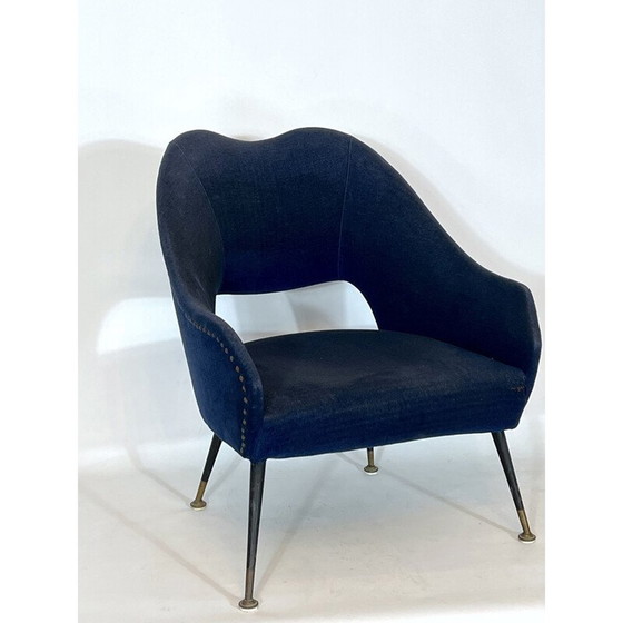 Image 1 of Italienischer Sessel aus blauem Stoff und Messing, 1950er Jahre