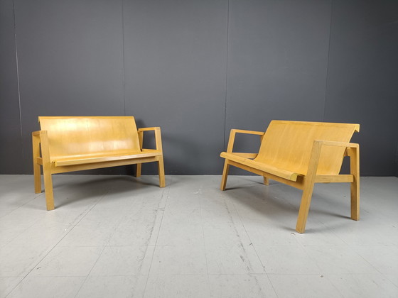 Image 1 of Mid Century Sperrholz Bänke in der Art von Alvar Aalto, 1960 - Satz von 2